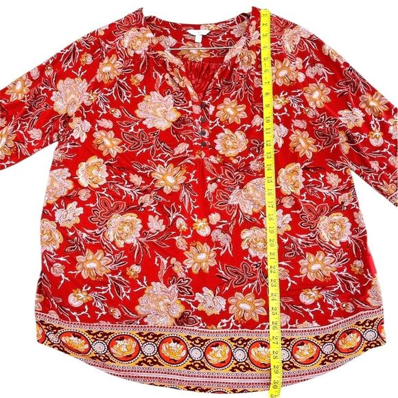 Lucky Brand Red Floral Print Bohemian Peasant Tunic Top Womens Size 2X - Picture 8 of 9